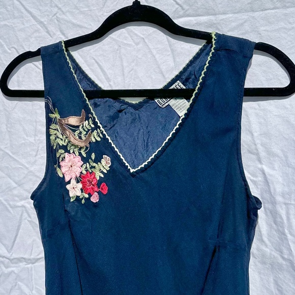 90s Inspired 100% Silk Navy Bias Cut Midi Dress with Embroidery Rose V Cut - Picture 2 of 4